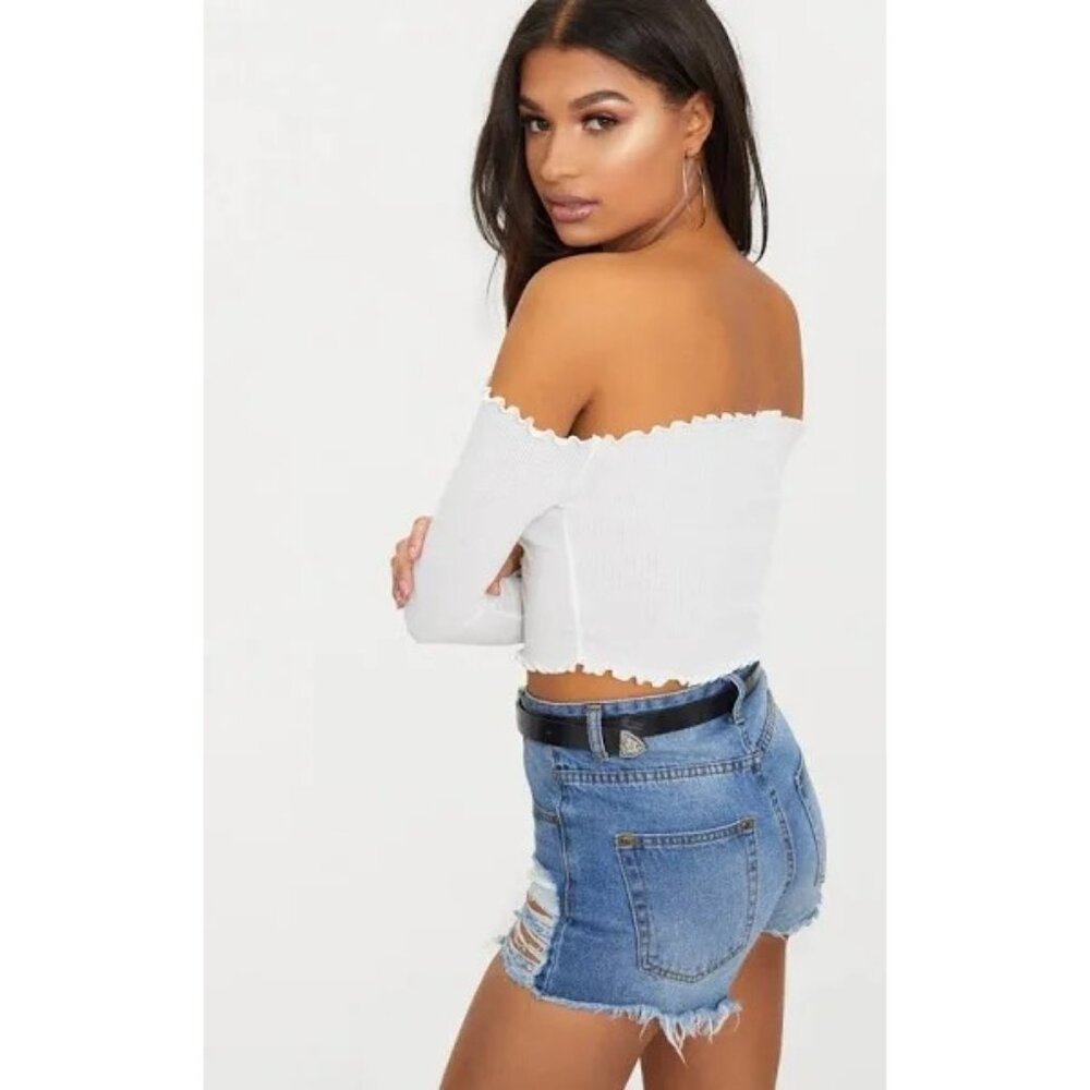 Pretty Little Thing White Long Sleeve Off Shoulder Ribbed Lettuce Hem Crop Top - Picture 6 of 10